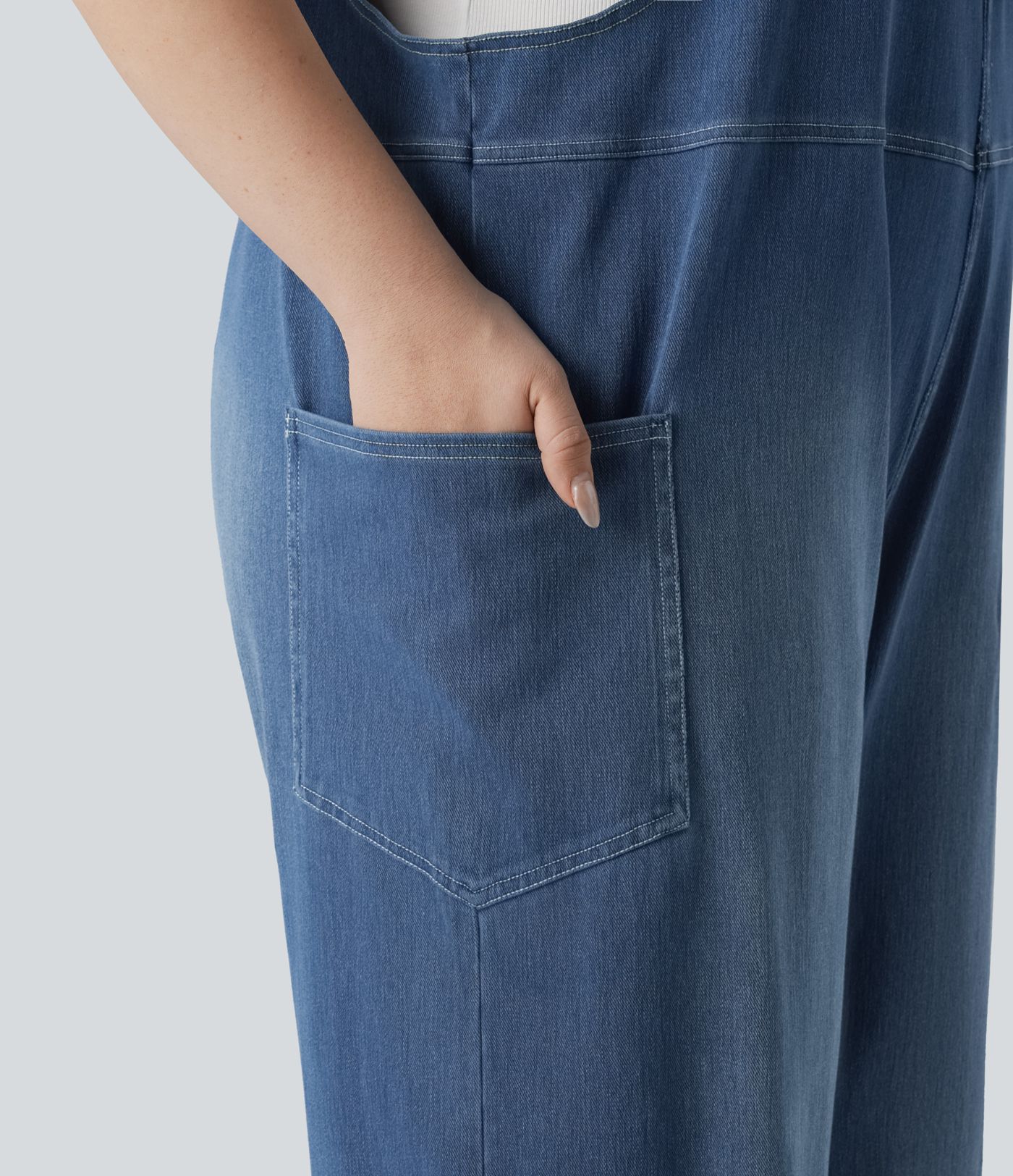 Halara Flex™ V Neck Washed Denim Casual Plus Size Overalls with Pockets Halara Flex™ V Neck Washed Denim Casual Plus Size Overalls with Pockets