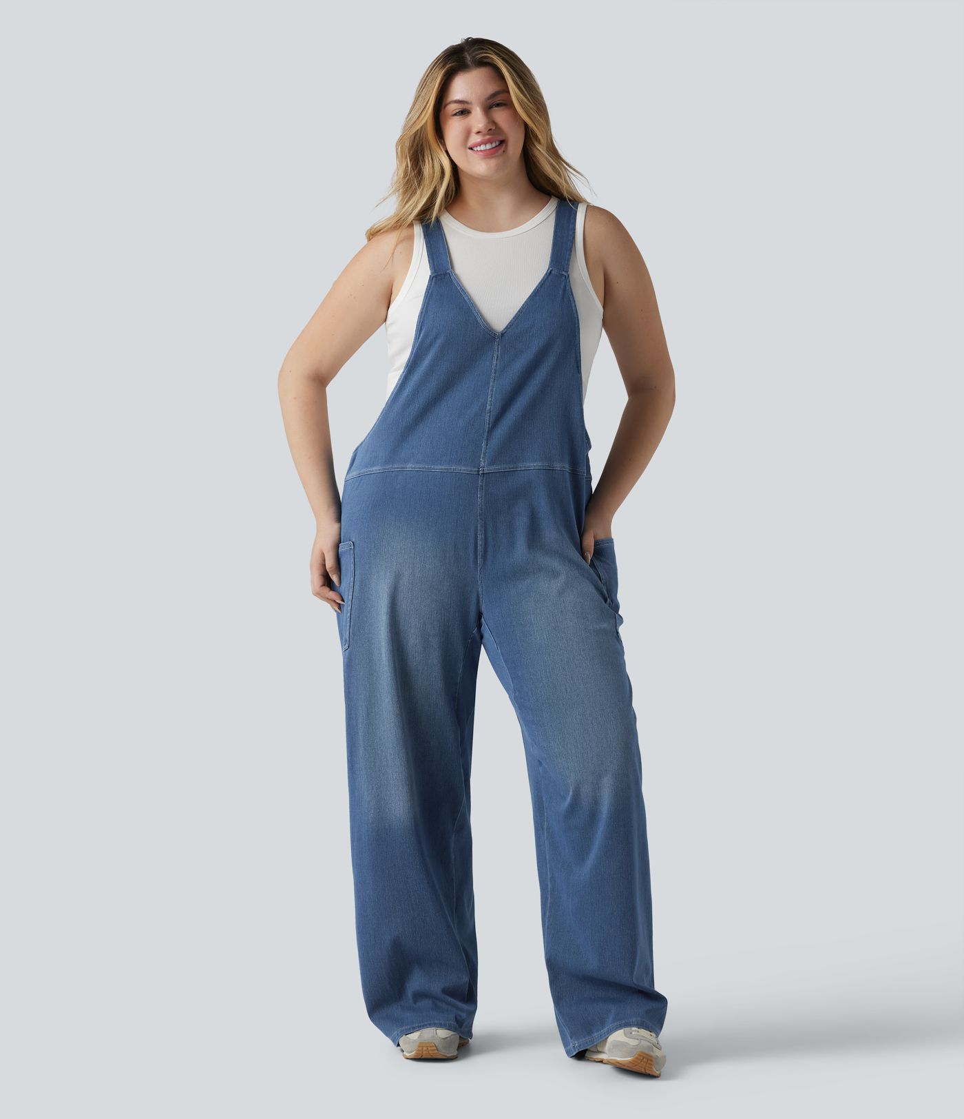 Halara Flex™ V Neck Washed Denim Casual Plus Size Overalls with Pockets Halara Flex™ V Neck Washed Denim Casual Plus Size Overalls with Pockets