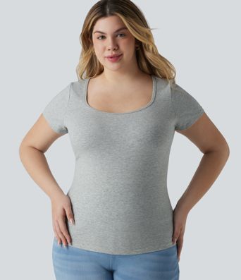 T-shirt Halara grande taille décontracté en jersey de coton coupe ultra-ajustée effet chiné, col carré, manches courtes