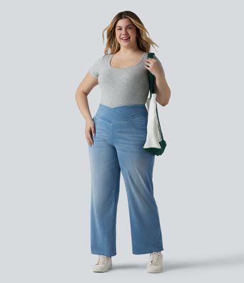 T-shirt Halara grande taille décontracté en jersey de coton coupe ultra-ajustée effet chiné, col carré, manches courtes