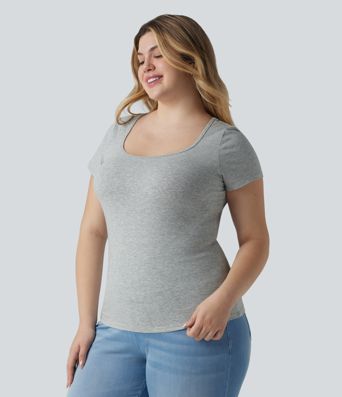 T-shirt Halara grande taille décontracté en jersey de coton coupe ultra-ajustée effet chiné, col carré, manches courtes