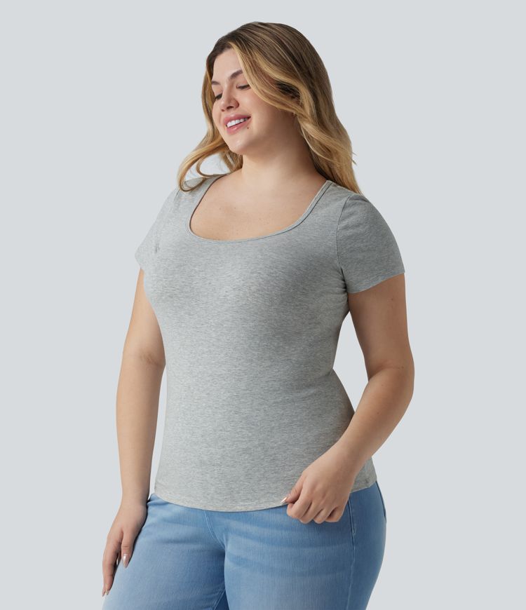 T-shirt Halara grande taille décontracté en jersey de coton coupe ultra-ajustée effet chiné, col carré, manches courtes