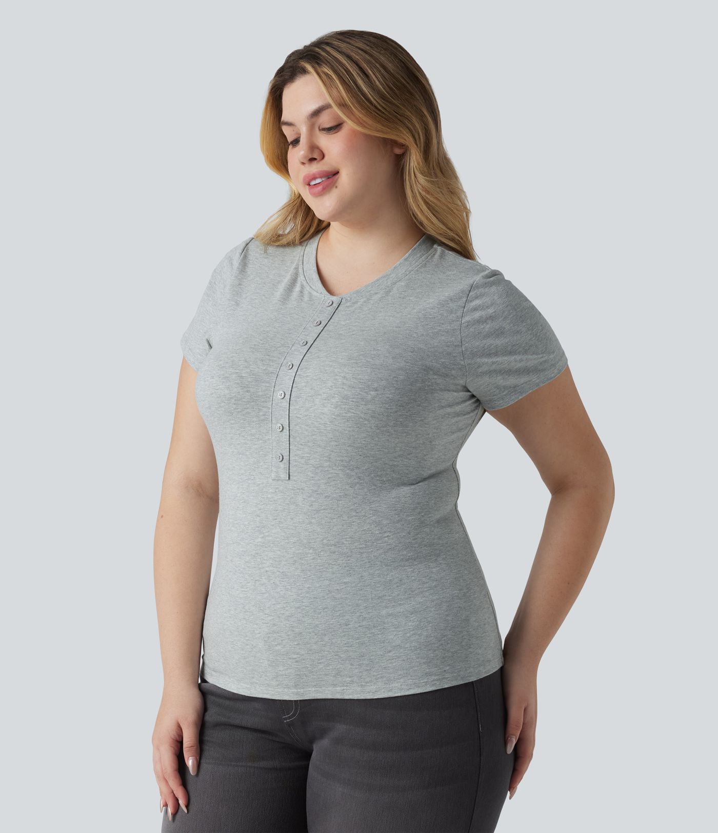 Halara Cotton Jersey Henley Short Sleeve Ultra-slim Casual Plus Size T-Shirt