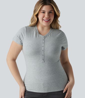 Halara Cotton Jersey Henley Short Sleeve Ultra-slim Casual Plus Size T-Shirt