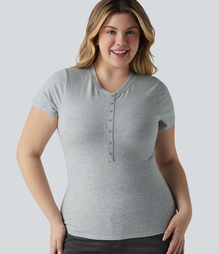 Halara Cotton Jersey Henley Short Sleeve Ultra-slim Casual Plus Size T-Shirt