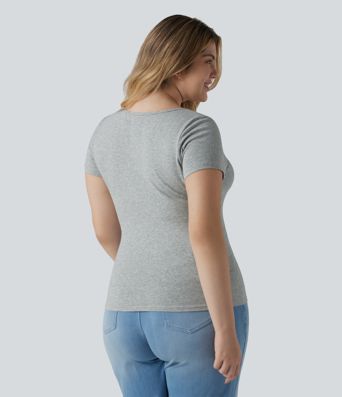 T-shirt Halara grande taille décontracté en jersey de coton coupe ultra-ajustée effet chiné, col carré, manches courtes