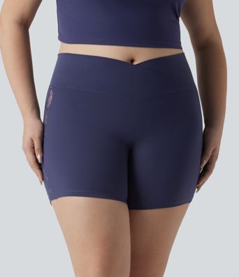 Plus Size SoftlyZero™ High Waisted Crossover Contrast Lace Yoga Biker Shorts 5'' with Pocket-UPF50+