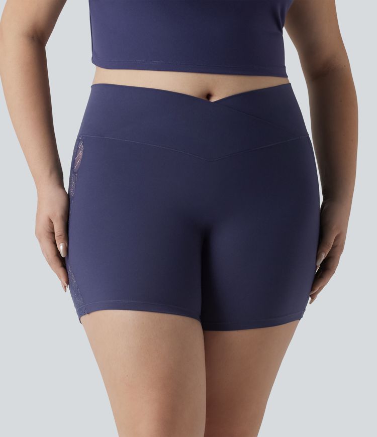 Plus Size SoftlyZero™ High Waisted Crossover Contrast Lace Yoga Biker Shorts 5'' with Pocket-UPF50+