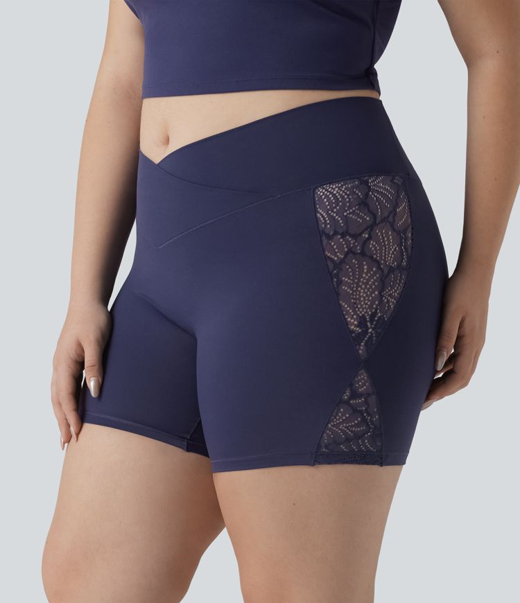 Plus Size SoftlyZero™ High Waisted Crossover Contrast Lace Yoga Biker Shorts 5'' with Pocket-UPF50+