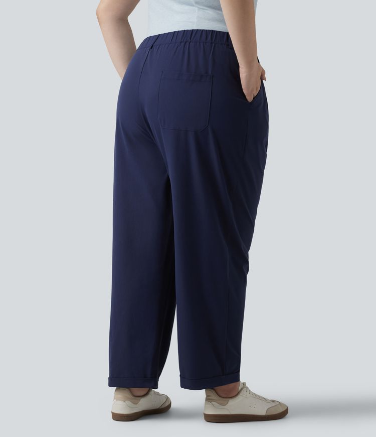 High Waisted Pleated Rolled Hem 7/8 Stretchy Poplin Casual Plus Size Tapered Pants with Pockets