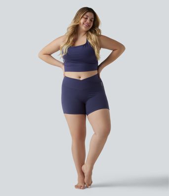 Plus Size SoftlyZero™ High Waisted Crossover Contrast Lace Yoga Biker Shorts 5'' with Pocket-UPF50+