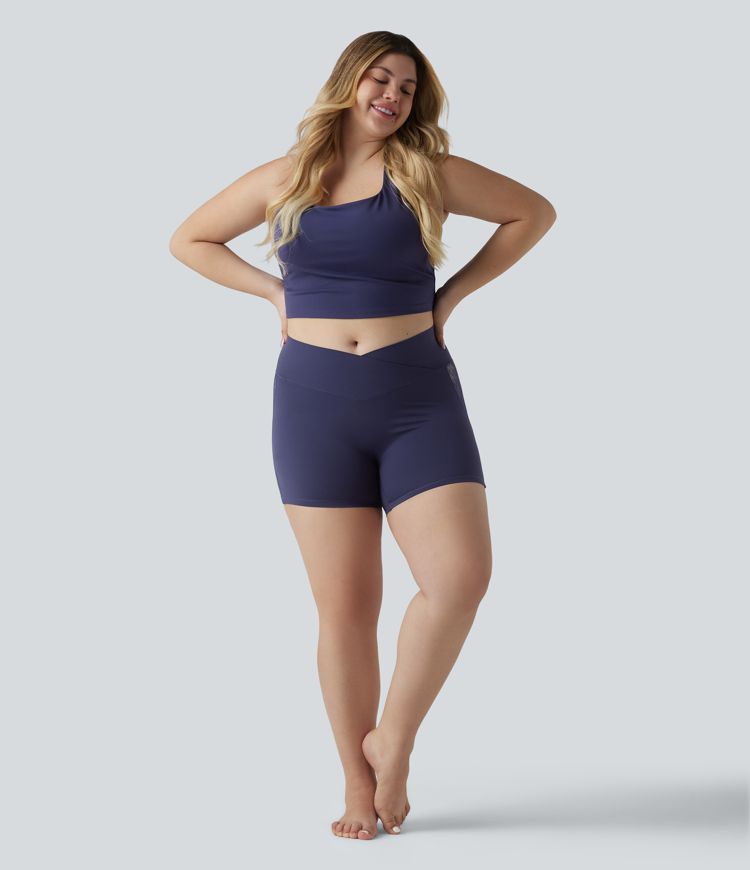 Plus Size SoftlyZero™ High Waisted Crossover Contrast Lace Yoga Biker Shorts 5'' with Pocket-UPF50+