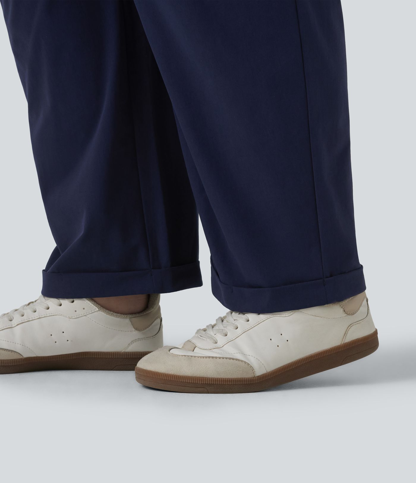 High Waisted Pleated Rolled Hem 7/8 Stretchy Poplin Casual Plus Size Tapered Pants with Pockets