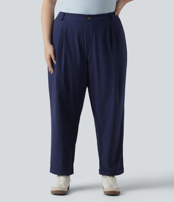 High Waisted Pleated Rolled Hem 7/8 Stretchy Poplin Casual Plus Size Tapered Pants with Pockets