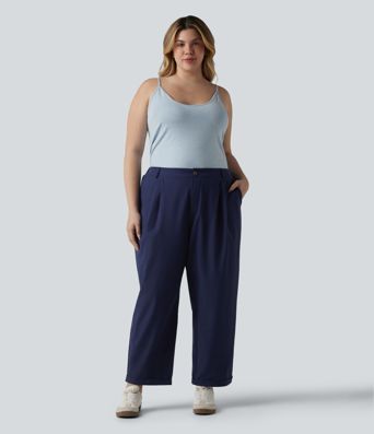High Waisted Pleated Rolled Hem 7/8 Stretchy Poplin Casual Plus Size Tapered Pants with Pockets