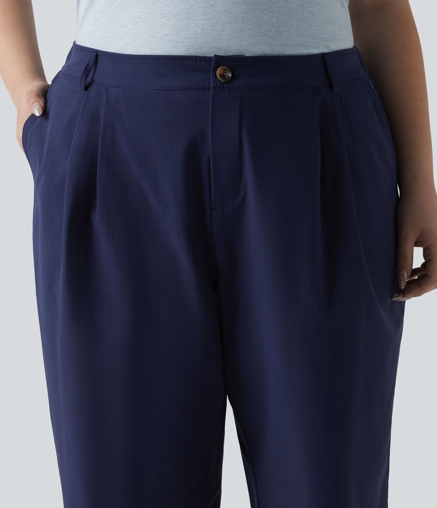 High Waisted Pleated Rolled Hem 7/8 Stretchy Poplin Casual Plus Size Tapered Pants with Pockets