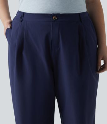 High Waisted Pleated Rolled Hem 7/8 Stretchy Poplin Casual Plus Size Tapered Pants with Pockets