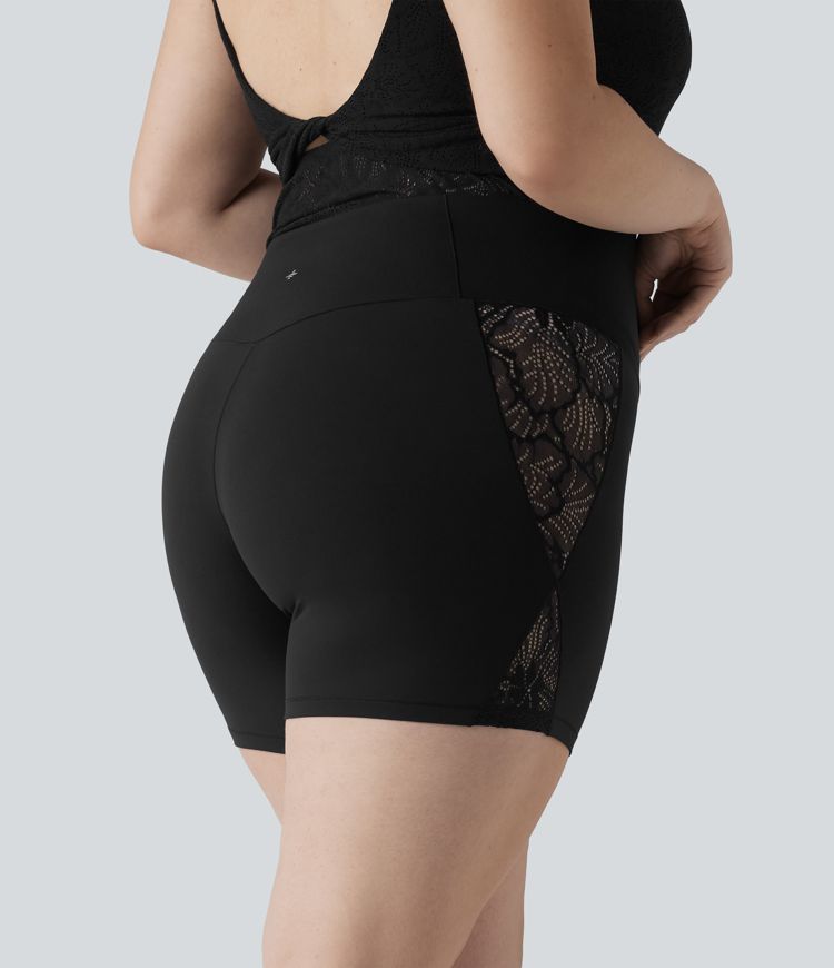 Plus Size SoftlyZero™ High Waisted Crossover Contrast Lace Yoga Biker Shorts 5'' with Pocket-UPF50+