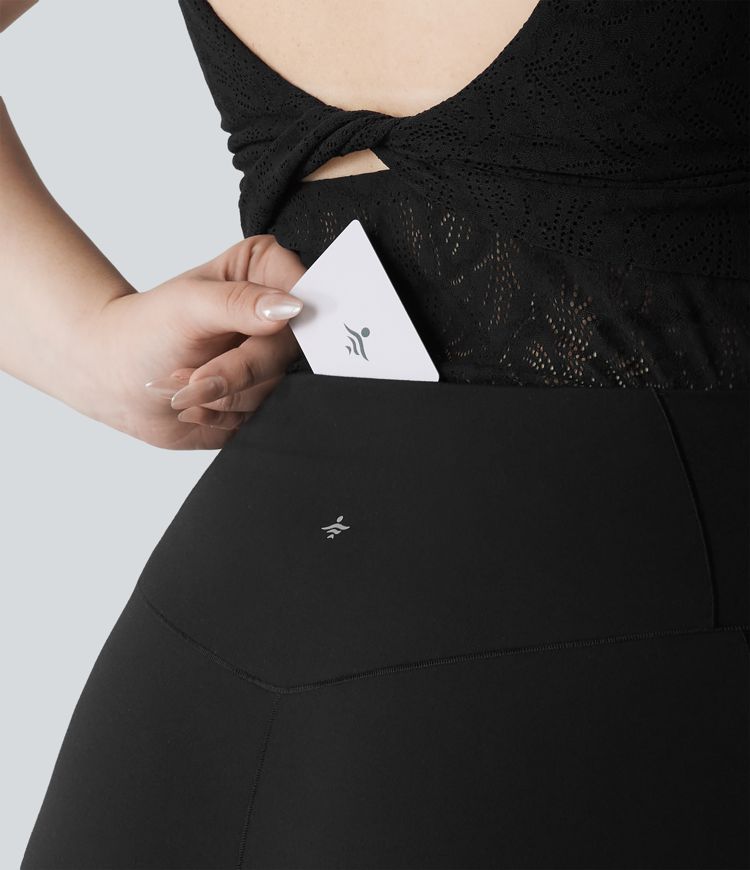 Plus Size SoftlyZero™ High Waisted Crossover Contrast Lace Yoga Biker Shorts 5'' with Pocket-UPF50+