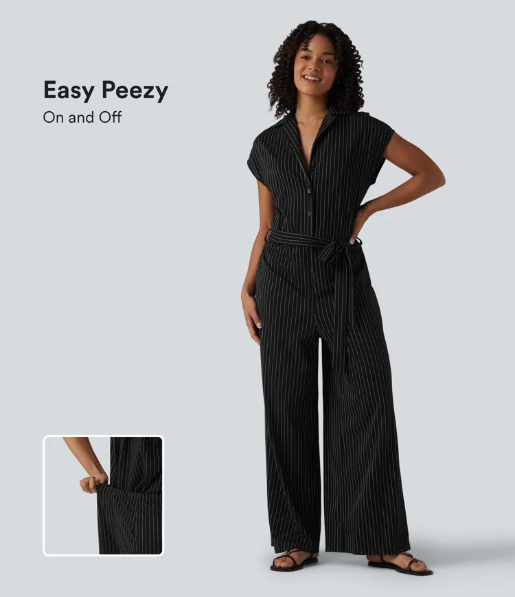 Short Sleeve Belted Stripe InstantCool Work Shirt Jumpsuit with Pockets-Easy Peezy Edition