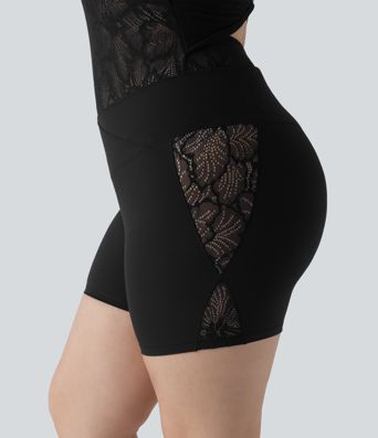 Plus Size SoftlyZero™ High Waisted Crossover Contrast Lace Yoga Biker Shorts 5'' with Pocket-UPF50+
