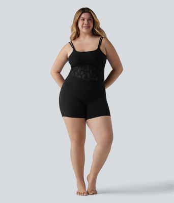 Plus Size SoftlyZero™ High Waisted Crossover Contrast Lace Yoga Biker Shorts 5'' with Pocket-UPF50+