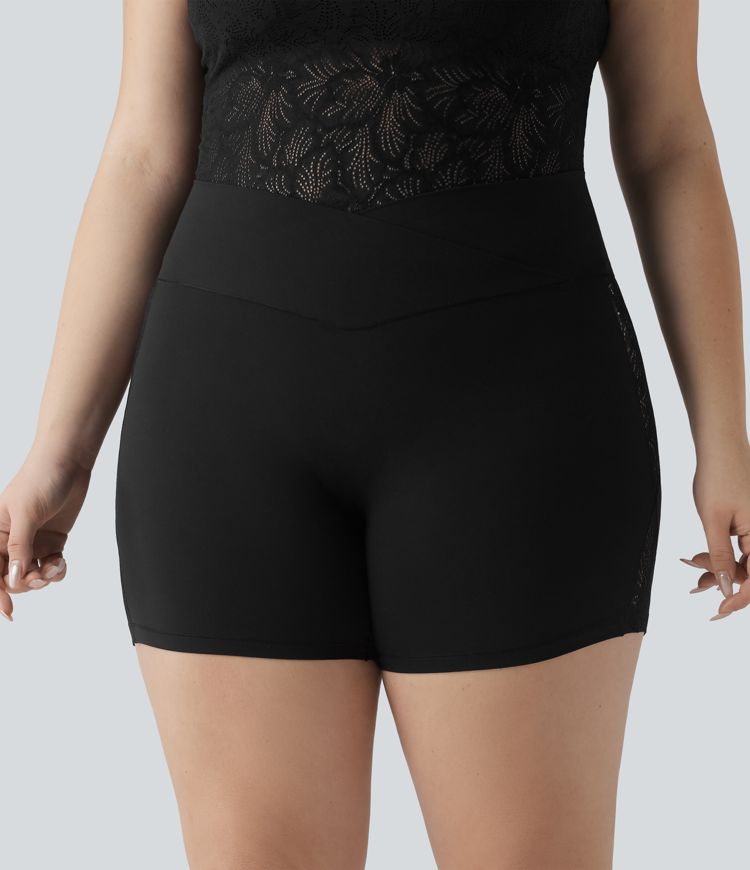 Plus Size SoftlyZero™ High Waisted Crossover Contrast Lace Yoga Biker Shorts 5'' with Pocket-UPF50+