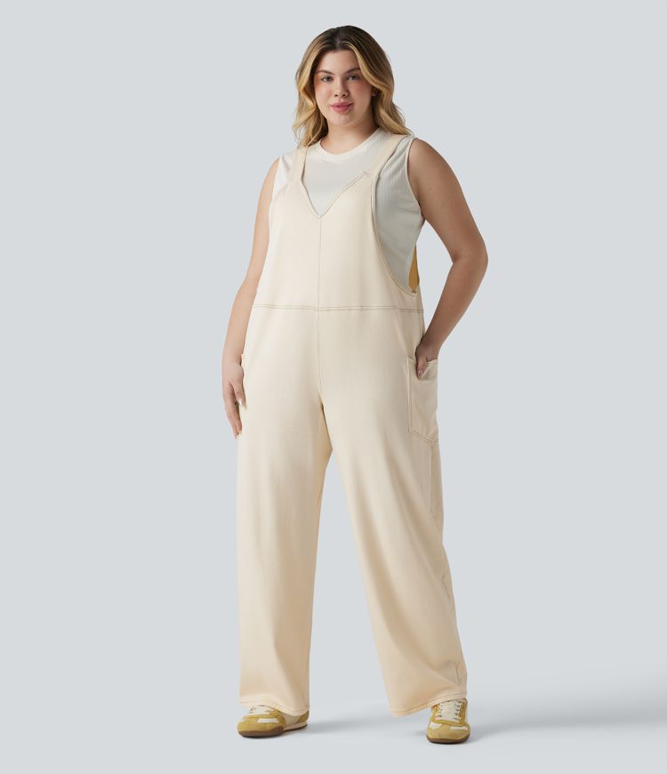 Halara Flex™ V Neck Washed Denim Casual Plus Size Overalls with Pockets