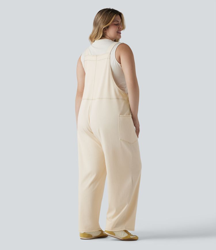 Halara Flex™ V Neck Washed Denim Casual Plus Size Overalls with Pockets