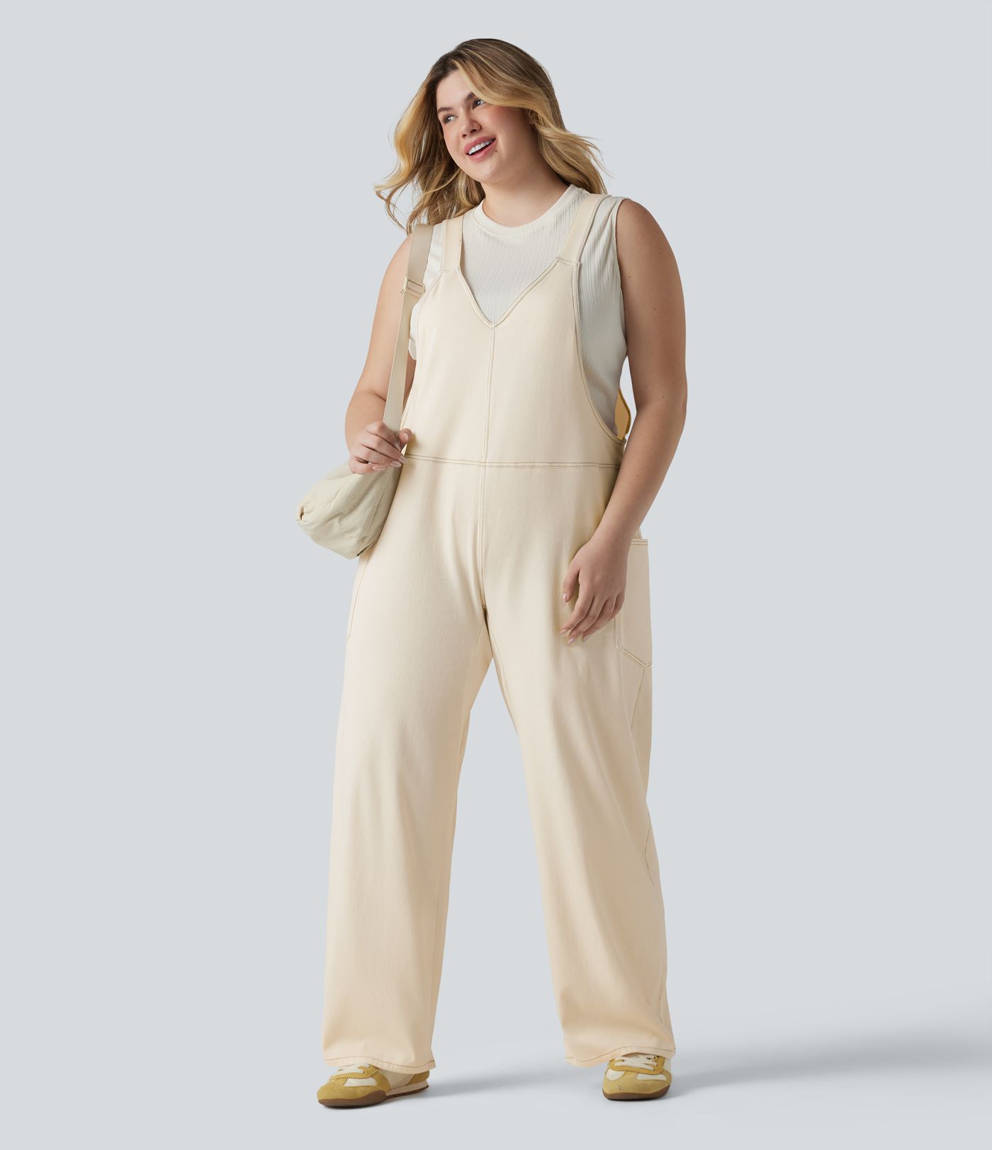 Halara Flex™ V Neck Washed Denim Casual Plus Size Overalls with Pockets