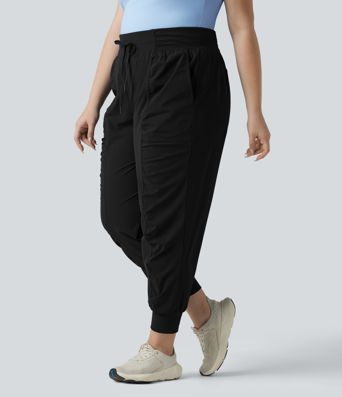 Plus Size High Waisted Drawstring Ruched Tapered Quick Dry Cool Touch Dance Joggers with Pockets-UPF40+