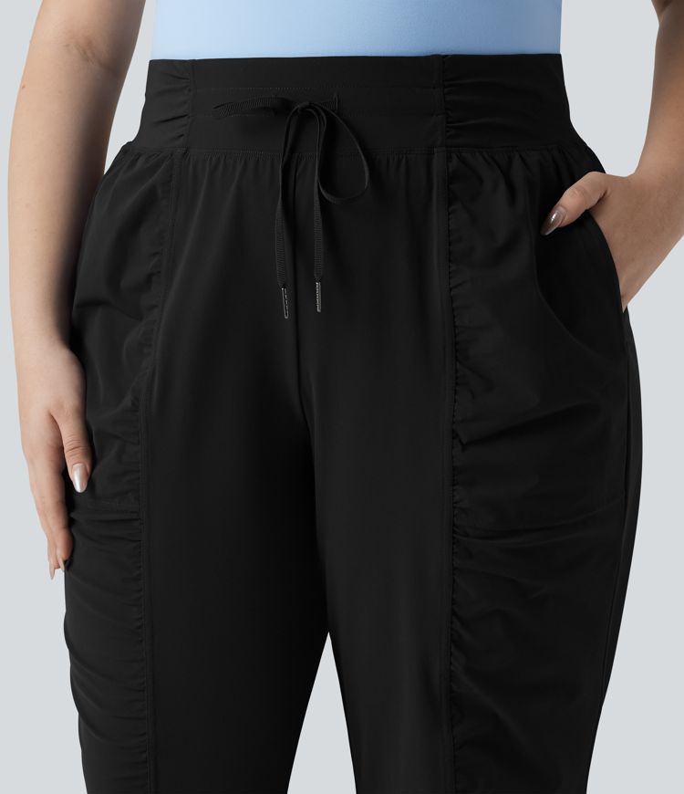 Plus Size High Waisted Drawstring Ruched Tapered Quick Dry Cool Touch Dance Joggers with Pockets-UPF40+