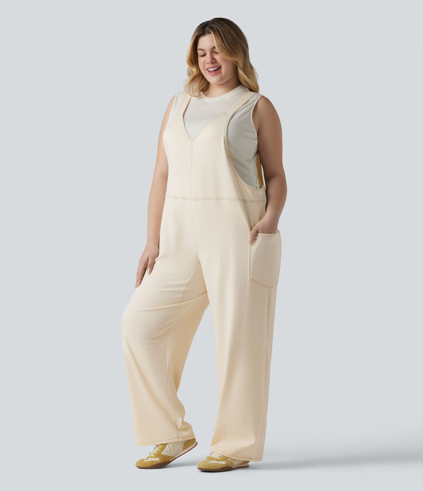 Halara Flex™ V Neck Washed Denim Casual Plus Size Overalls with Pockets