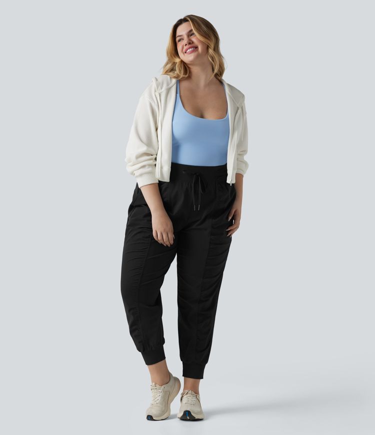 Plus Size High Waisted Drawstring Ruched Tapered Quick Dry Cool Touch Dance Joggers with Pockets-UPF40+