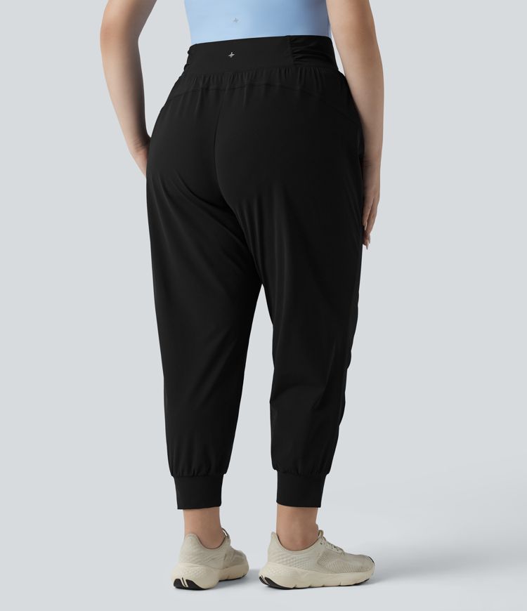 Plus Size High Waisted Drawstring Ruched Tapered Quick Dry Cool Touch Dance Joggers with Pockets-UPF40+