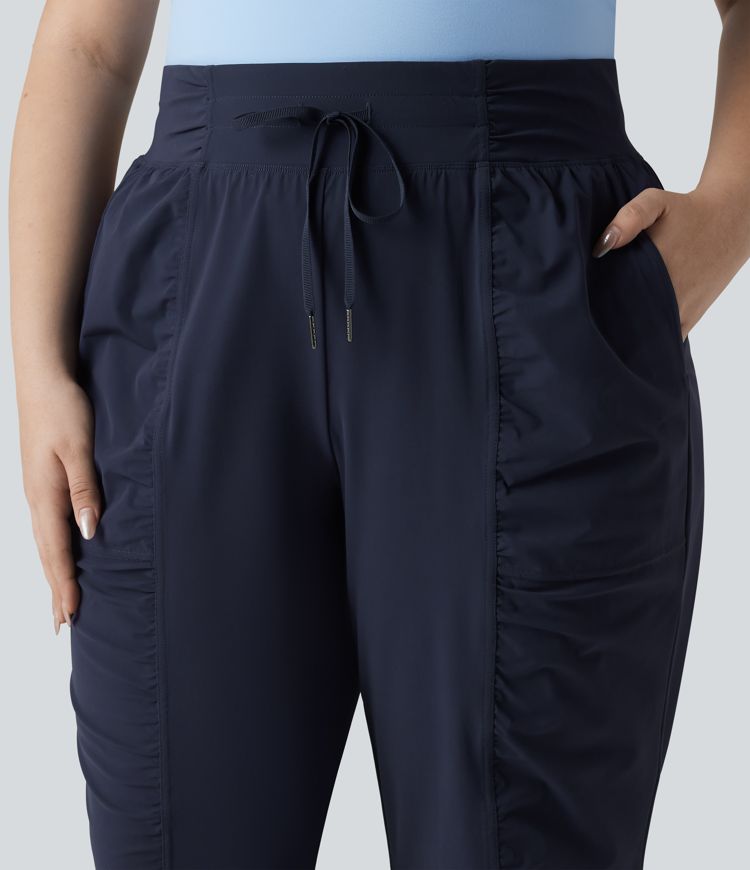 Joggers de danse grande taille à taille haute, à cordon, froncés, coupe fuselée, séchage rapide, toucher frais, avec poches — UPF40+
