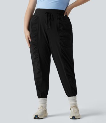 Plus Size High Waisted Drawstring Ruched Tapered Quick Dry Cool Touch Dance Joggers with Pockets-UPF40+