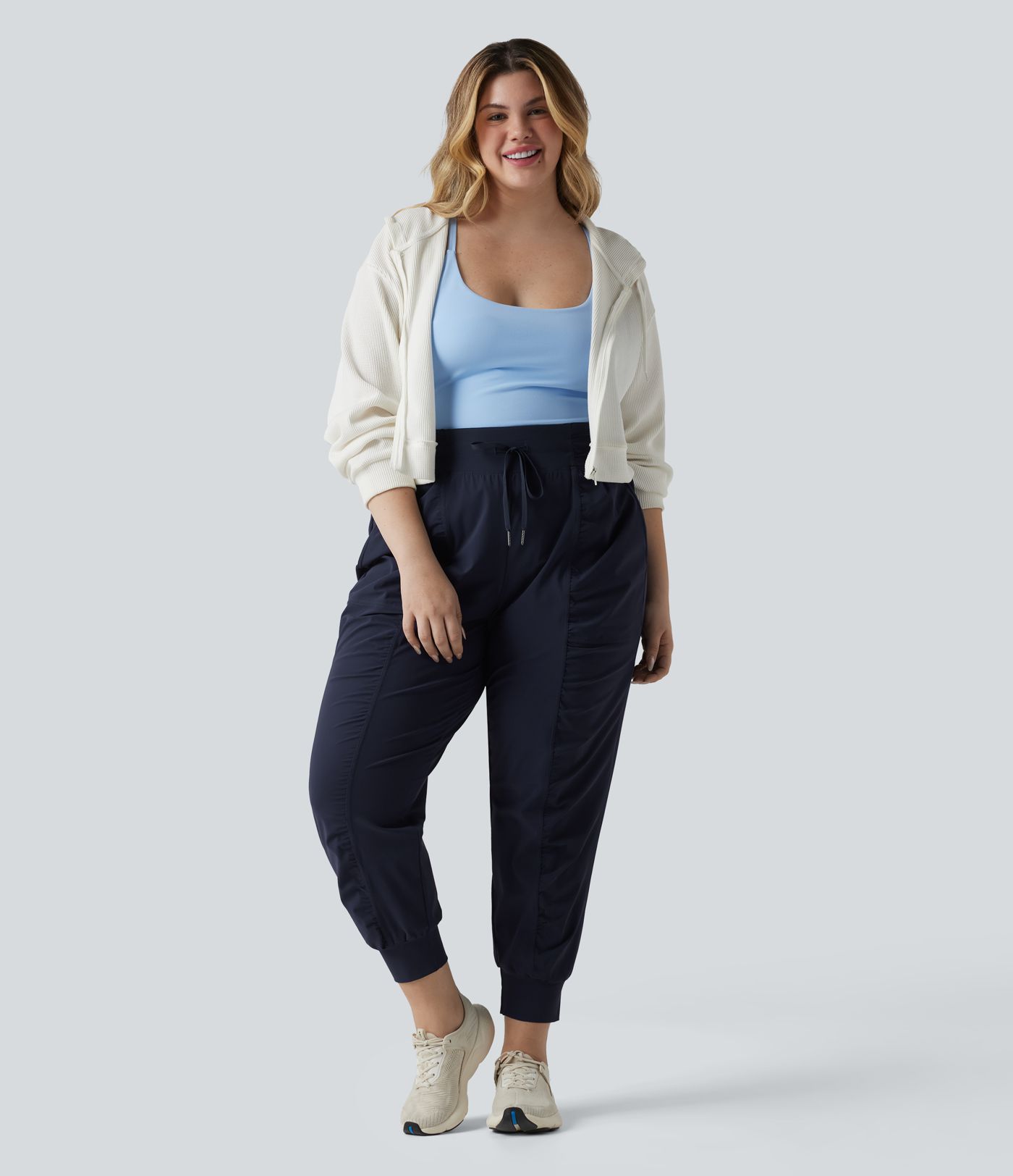 Joggers de danse grande taille à taille haute, à cordon, froncés, coupe fuselée, séchage rapide, toucher frais, avec poches — UPF40+