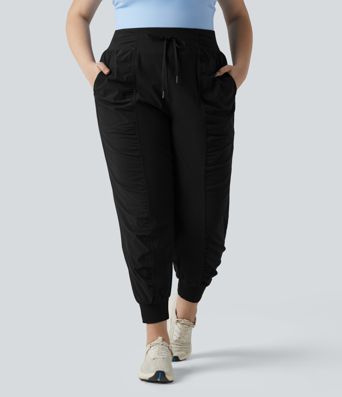 Plus Size High Waisted Drawstring Ruched Tapered Quick Dry Cool Touch Dance Joggers with Pockets-UPF40+