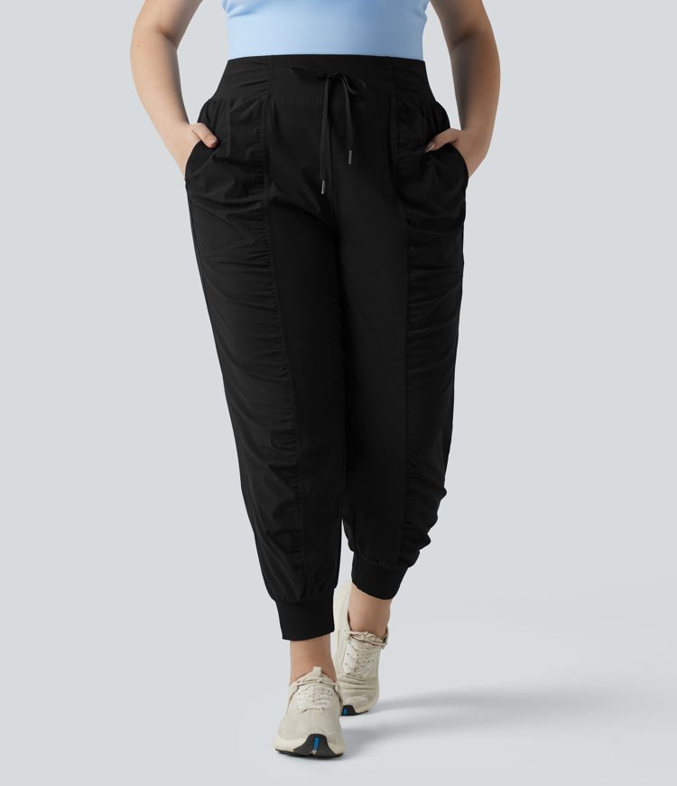 Plus Size High Waisted Drawstring Ruched Tapered Quick Dry Cool Touch Dance Joggers with Pockets-UPF40+