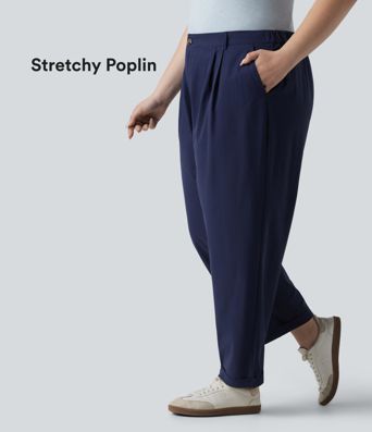 High Waisted Pleated Rolled Hem 7/8 Stretchy Poplin Casual Plus Size Tapered Pants with Pockets
