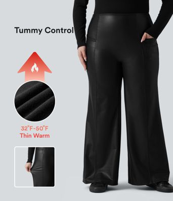 High Waisted Tummy Control Stretchy PU Fleece Casual Plus Size Flare Trousers with Pockets