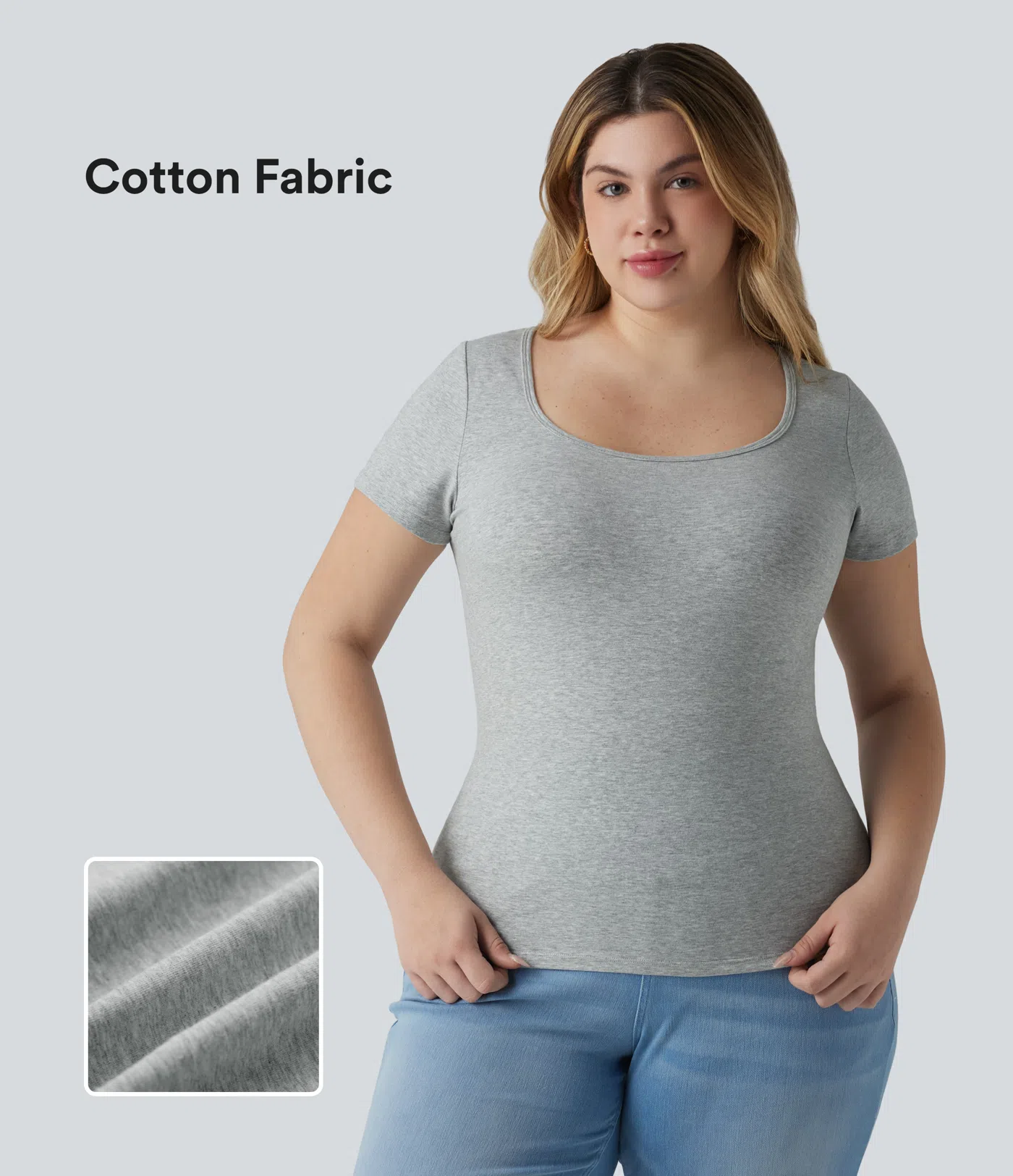 Halara Cotton Jersey Square Neck Short Sleeve Ultra-slim Heathered Casual Plus Size T-Shirt