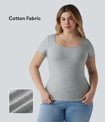 T-shirt Halara grande taille décontracté en jersey de coton coupe ultra-ajustée effet chiné, col carré, manches courtes