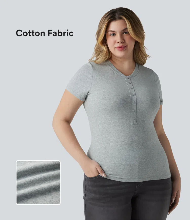 Halara Cotton Jersey - Lässiges T-Shirt aus Baumwolle mit Henley-Ausschnitt und kurzen Ärmeln - Plus-Size, ultra-slim
