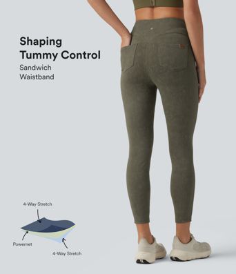 Figurbetonte, verwaschene Workout-Leggings mit hohem Bund, Gesäßtaschen und Bauchkontrolle