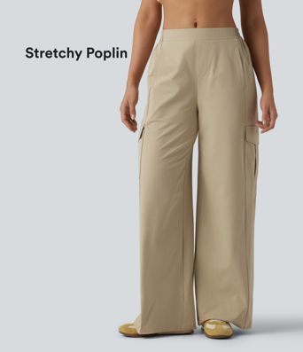Casual cargo pants in stretch poplin, mid-rise waist, wide leg with pockets