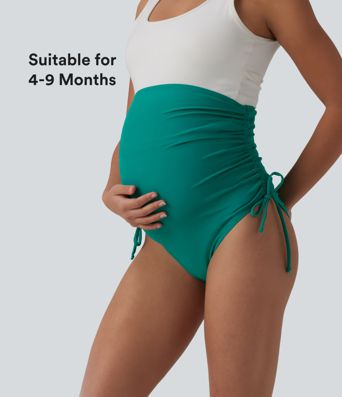 Geraffte Umstands-Bikinihose mit superhohem Bund und Kordelzug