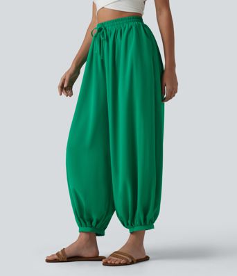 High Waisted Drawstring Linen-Feel Resort Flowy Balloon Pants with Pockets