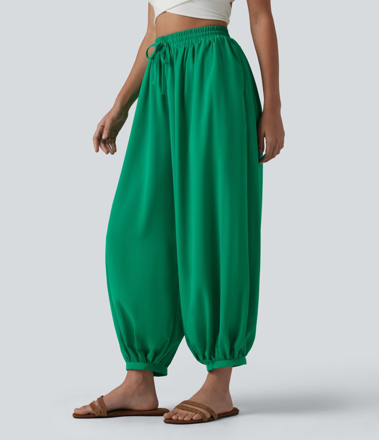 High Waisted Drawstring Linen-Feel Resort Flowy Balloon Pants with Pockets
